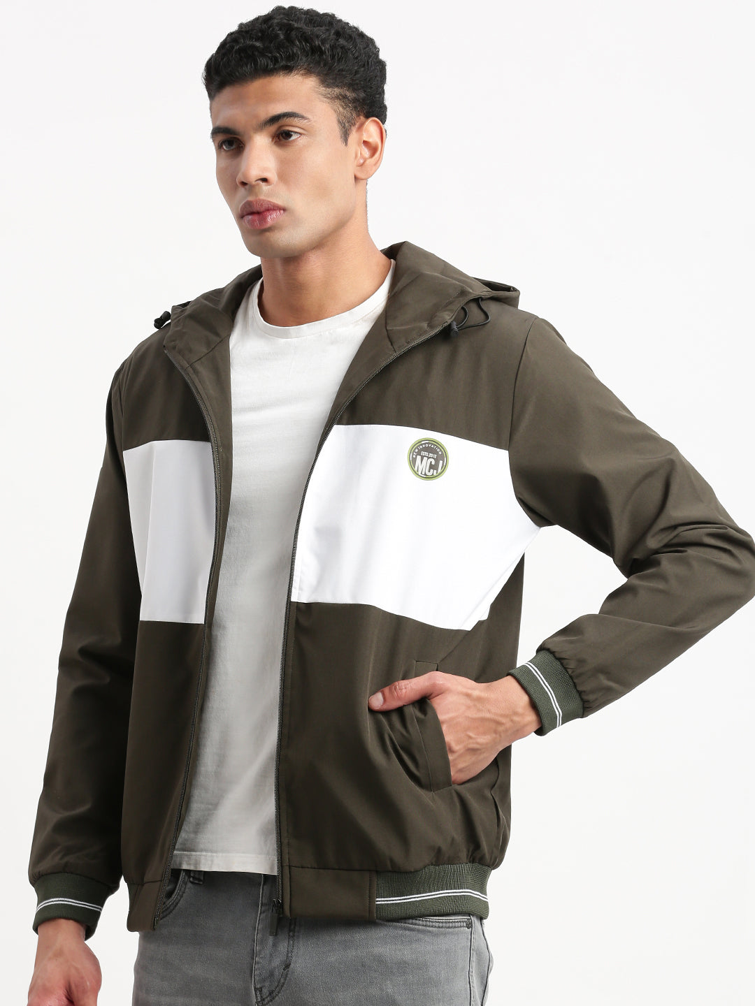 Men Hooded Olive Colourblocked Bomber Jacket