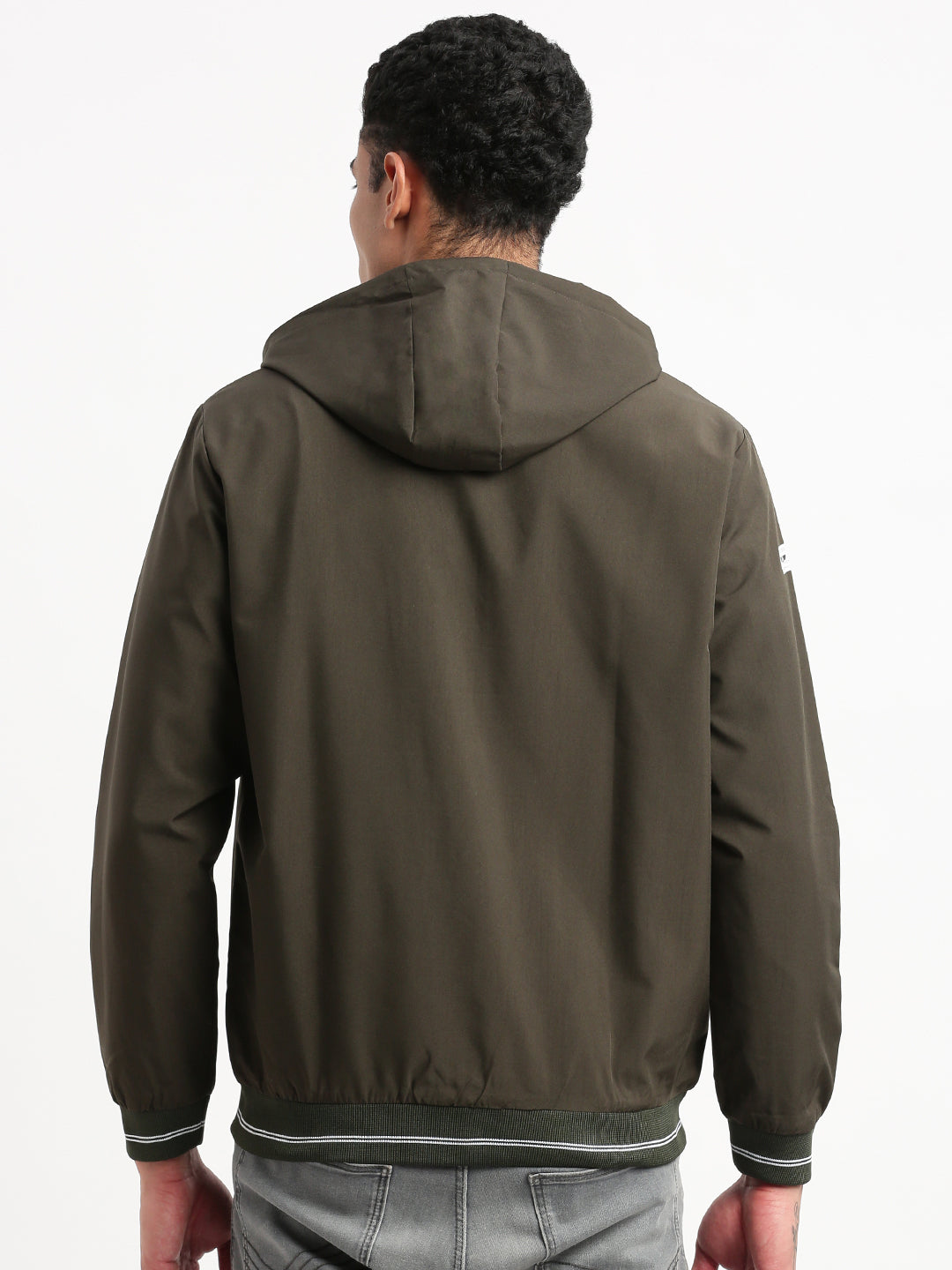 Men Hooded Olive Colourblocked Bomber Jacket