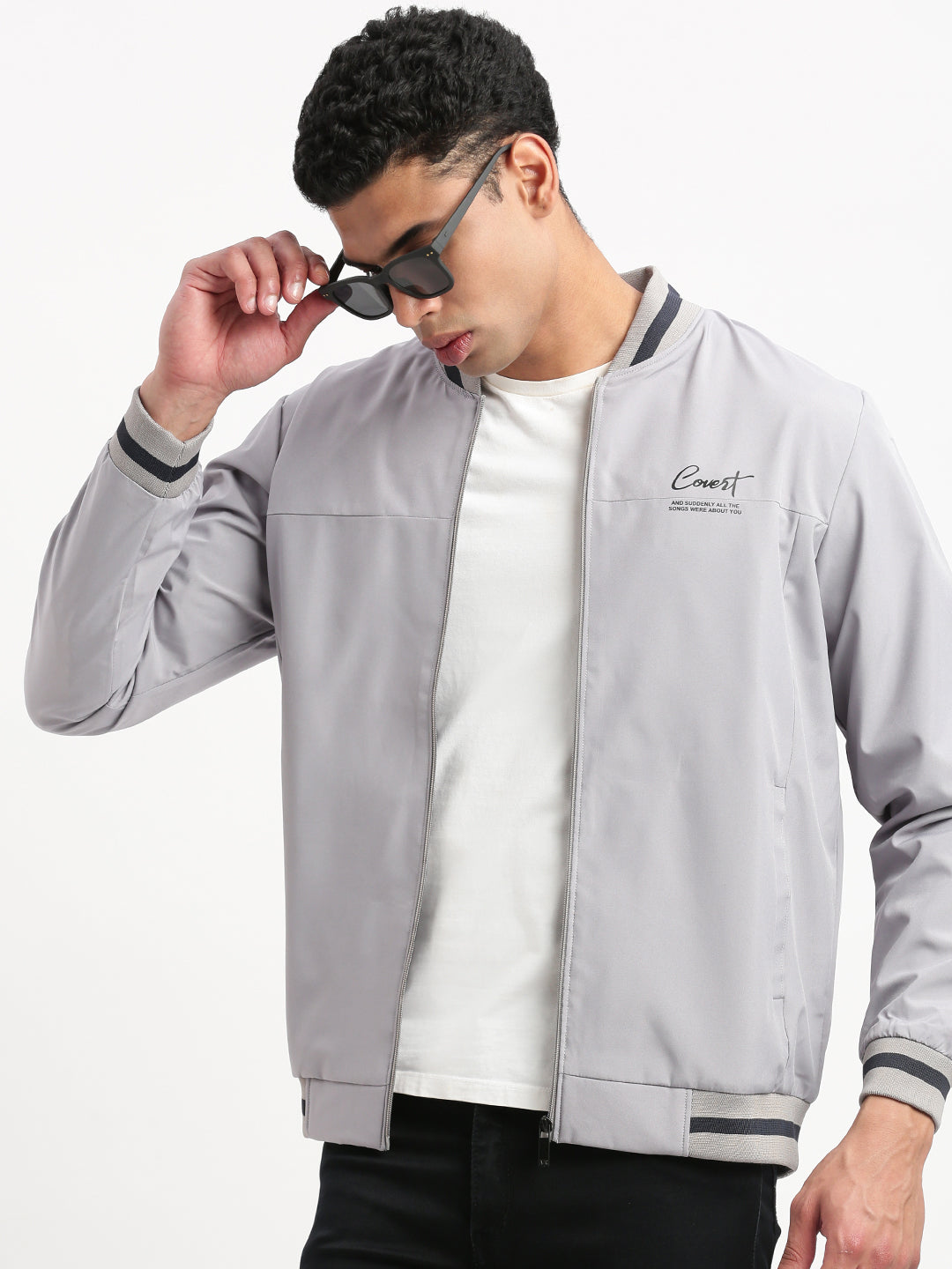 Men Mandarin Collar Grey Solid Bomber Jacket