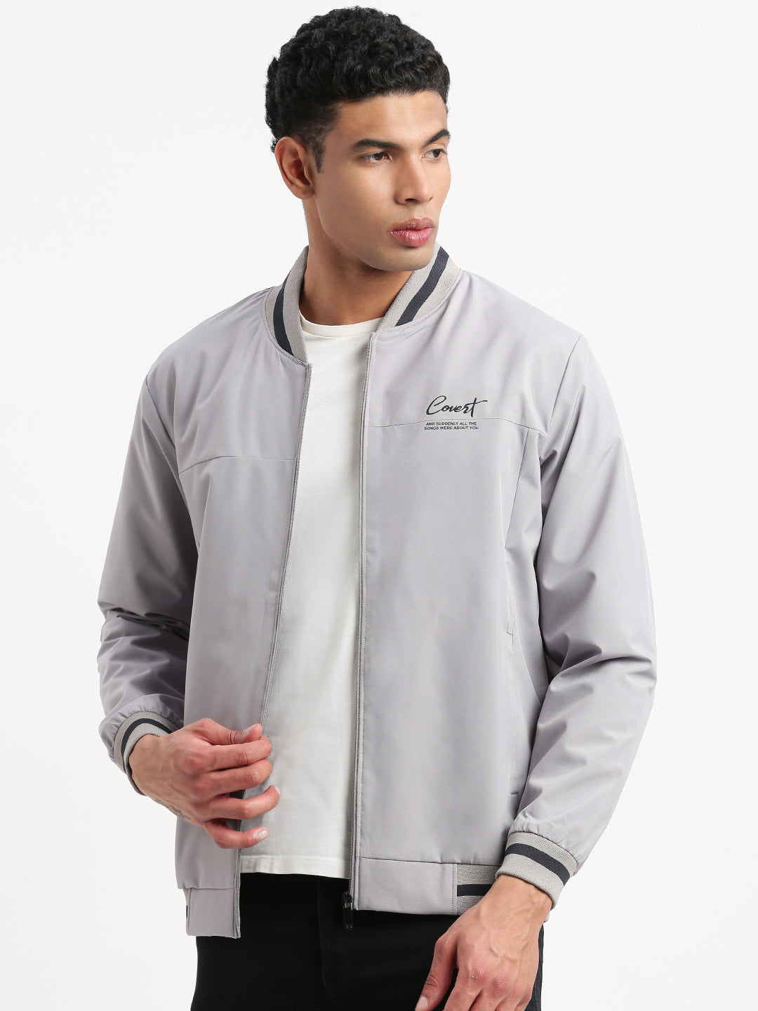 Men Mandarin Collar Grey Solid Bomber Jacket