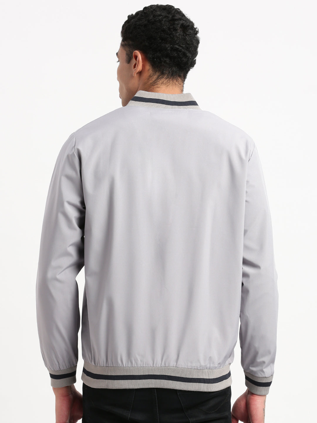 Men Mandarin Collar Grey Solid Bomber Jacket