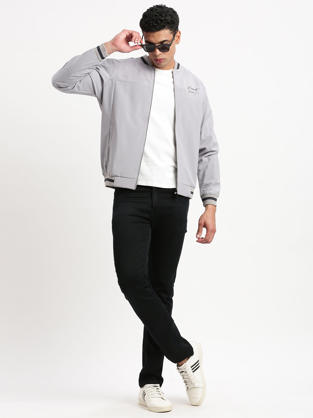 Men Mandarin Collar Grey Solid Bomber Jacket