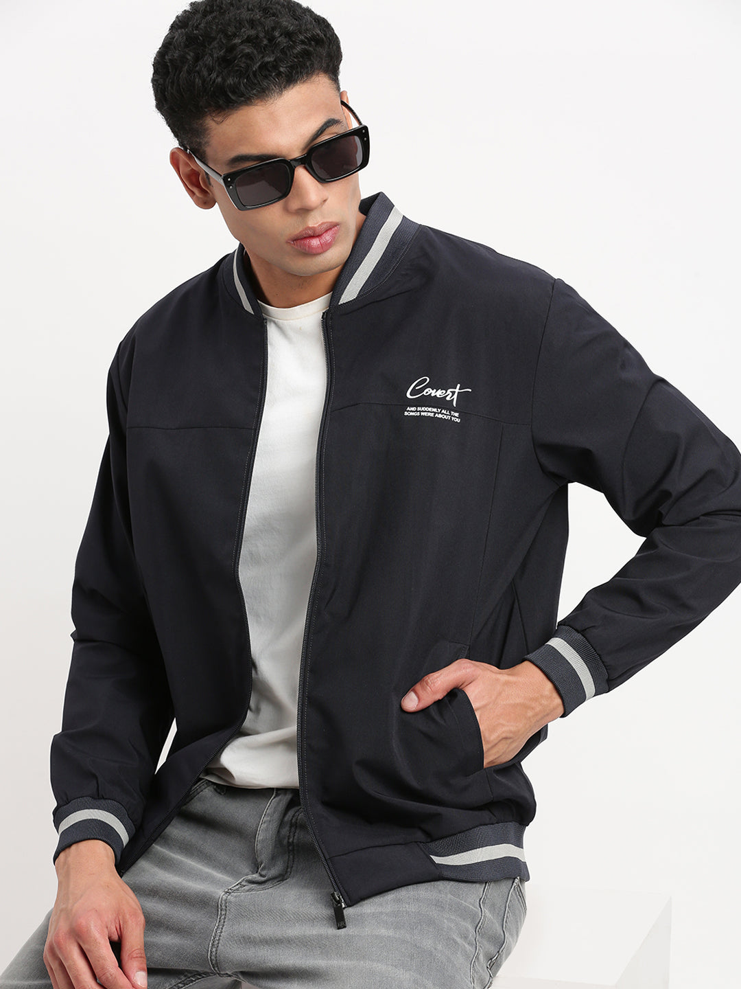 Men Mandarin Collar Navy Blue Solid Bomber Jacket