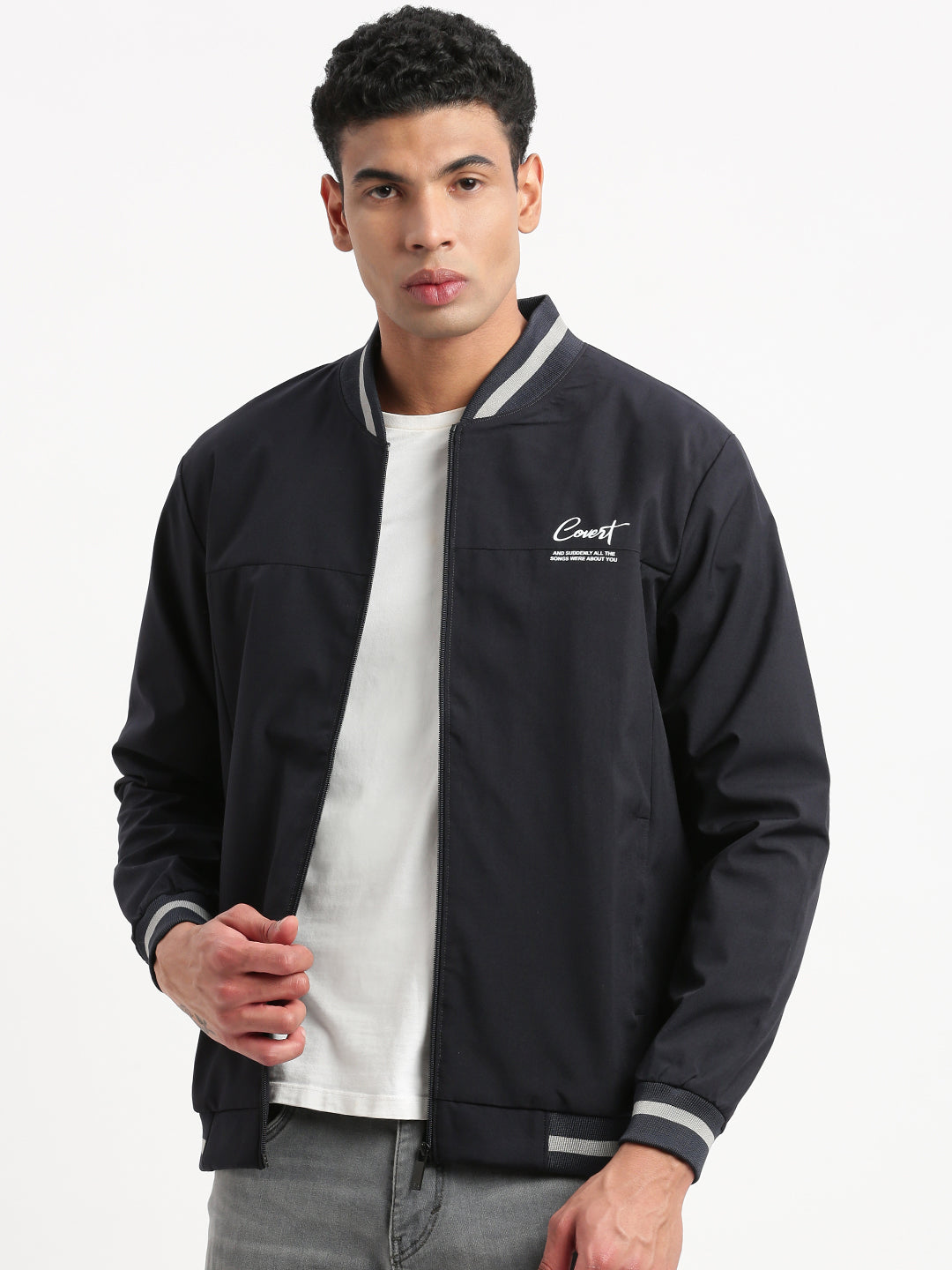 Men Mandarin Collar Navy Blue Solid Bomber Jacket