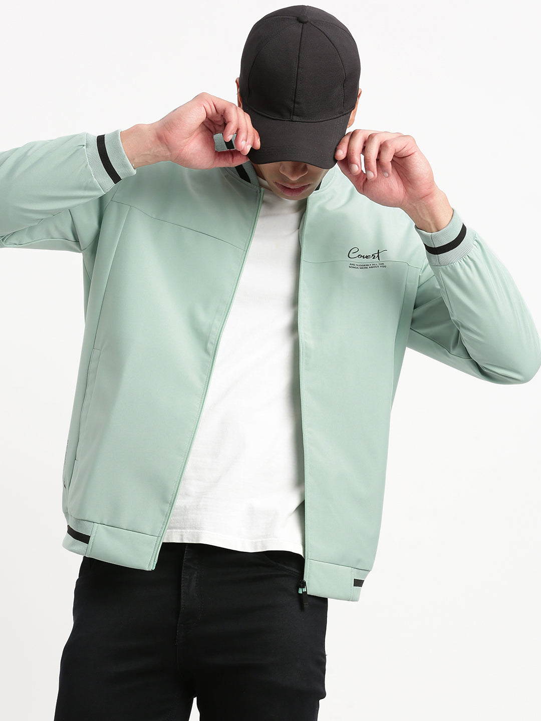 Men Mandarin Collar Sea Green Solid Bomber Jacket