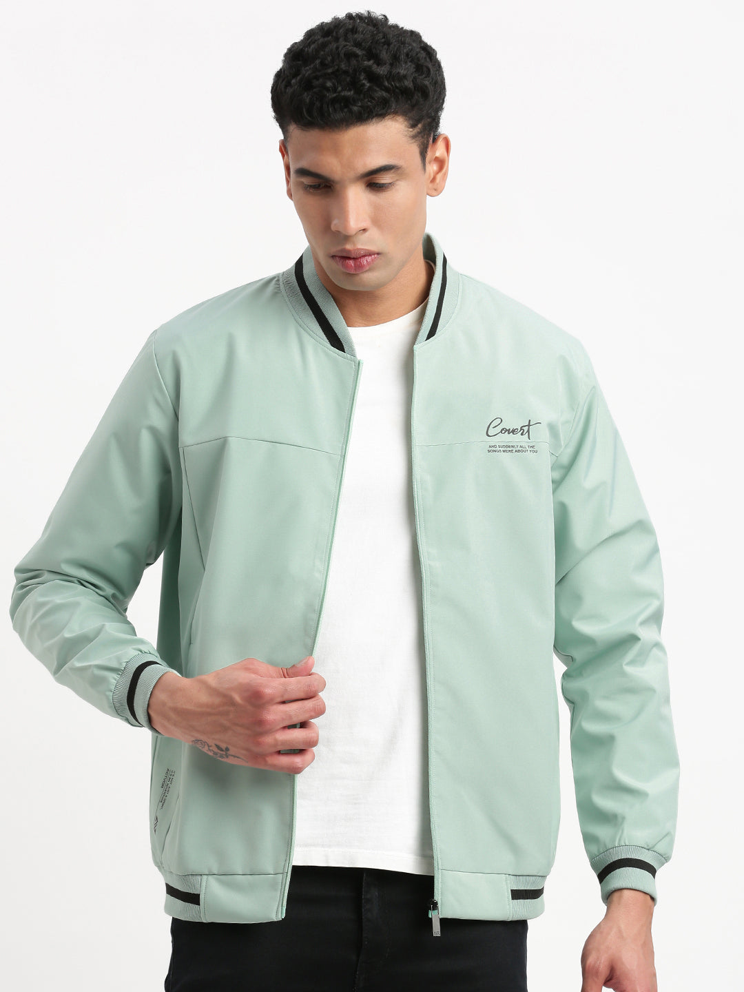 Men Mandarin Collar Sea Green Solid Bomber Jacket