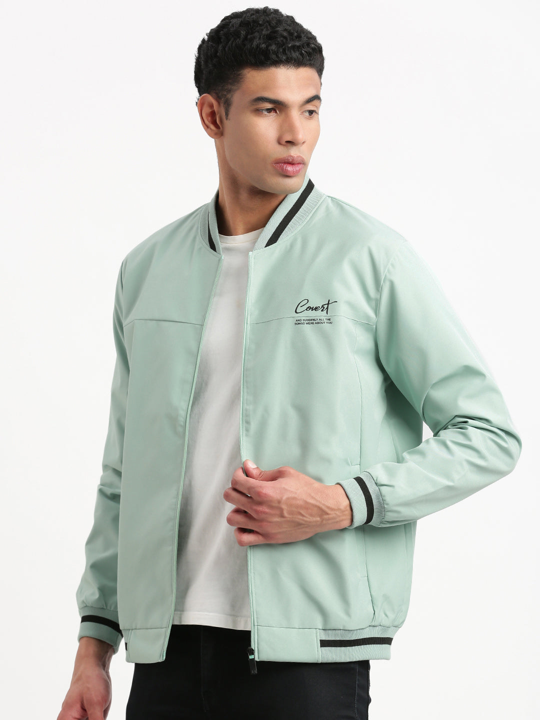 Men Mandarin Collar Sea Green Solid Bomber Jacket