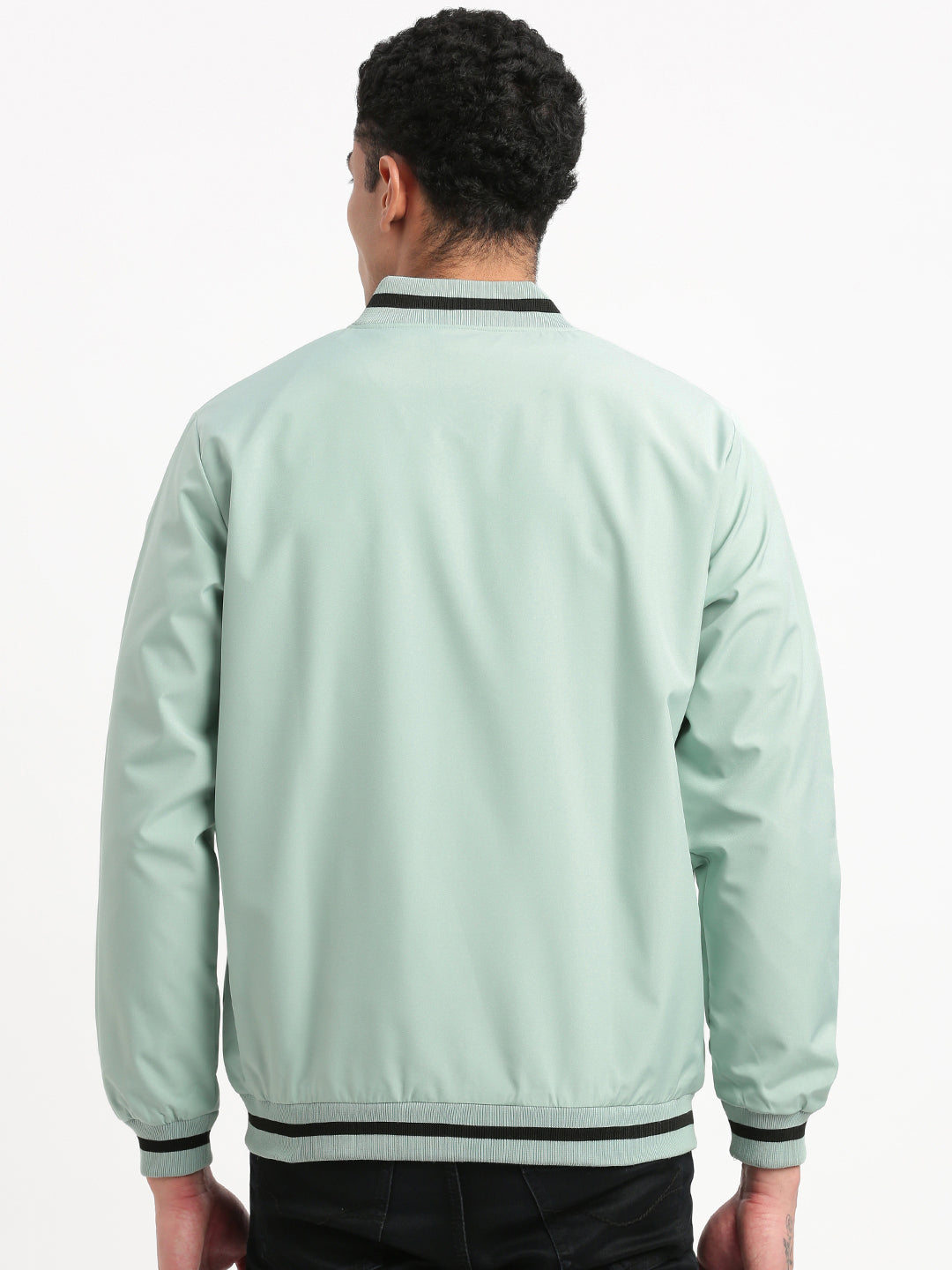 Men Mandarin Collar Sea Green Solid Bomber Jacket