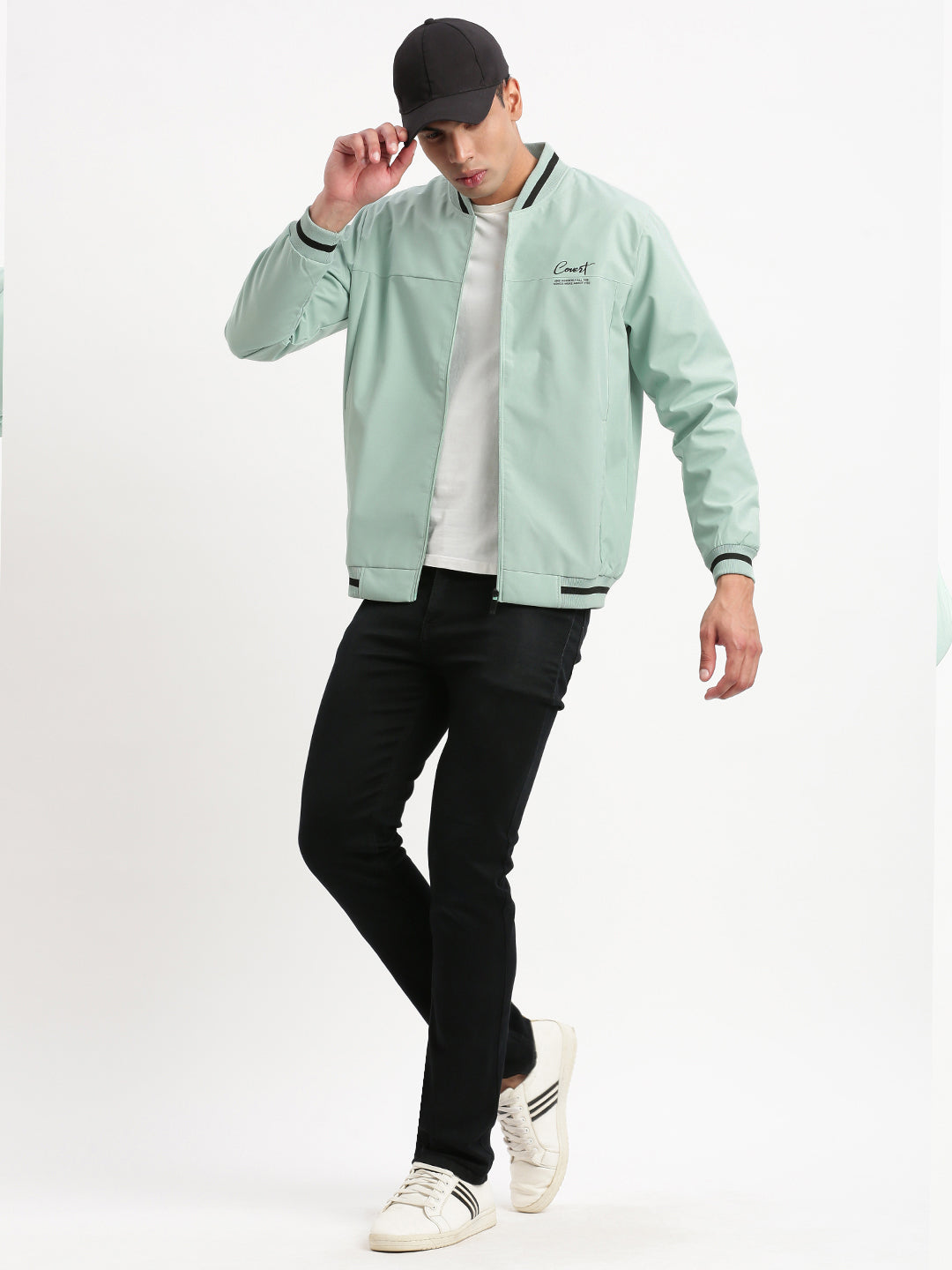 Men Mandarin Collar Sea Green Solid Bomber Jacket