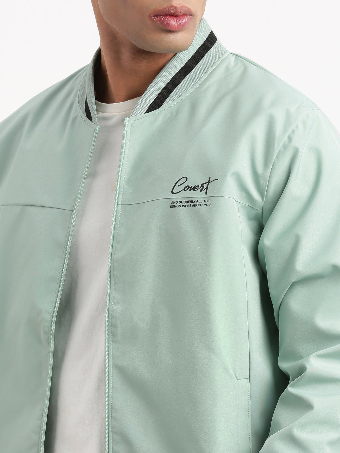 Men Mandarin Collar Sea Green Solid Bomber Jacket