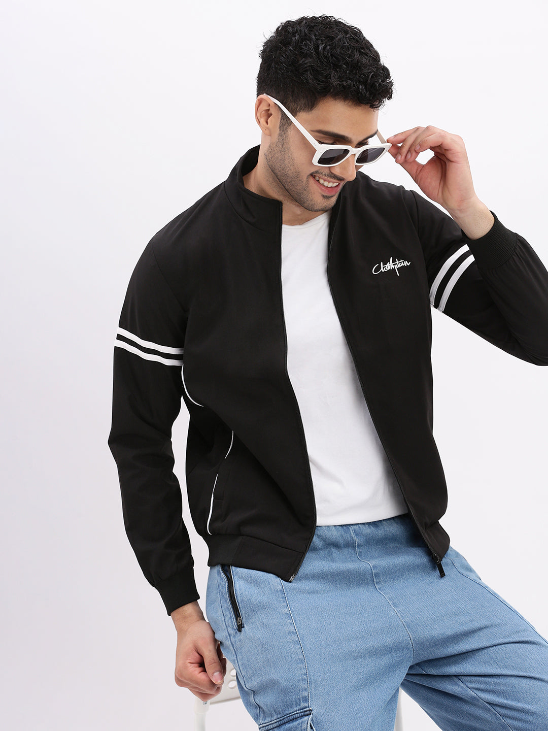 Men Mock Collar Black Solid Bomber Jacket