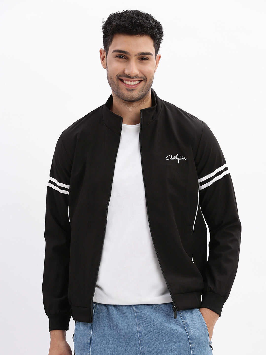 Men Mock Collar Black Solid Bomber Jacket