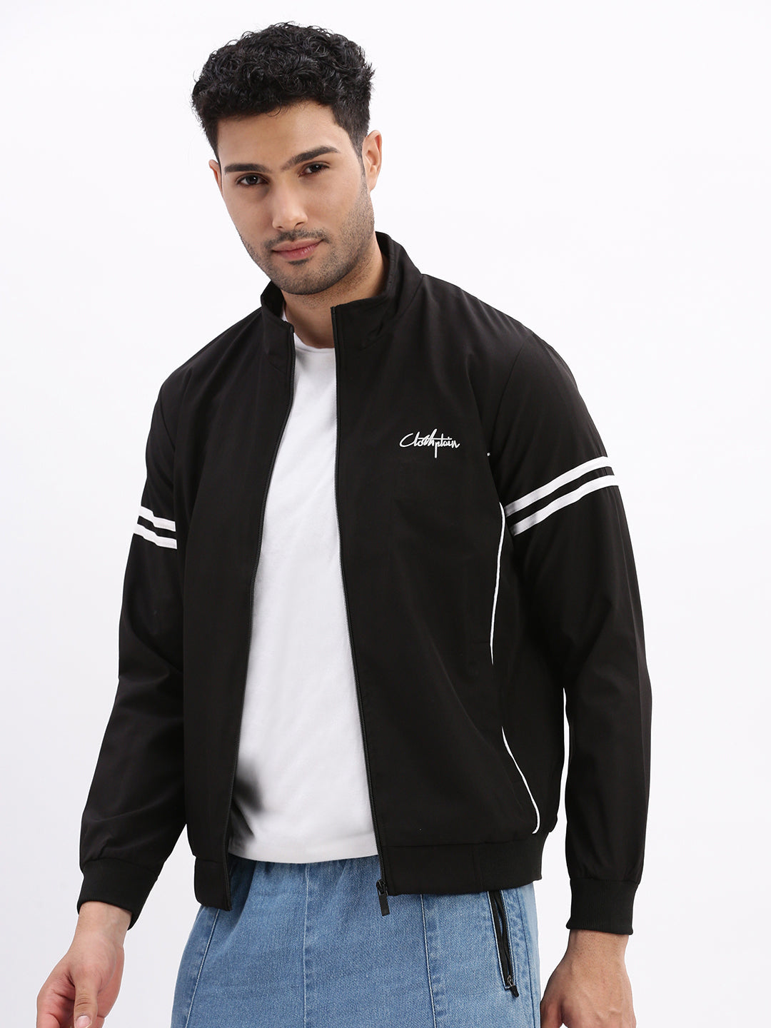 Men Mock Collar Black Solid Bomber Jacket