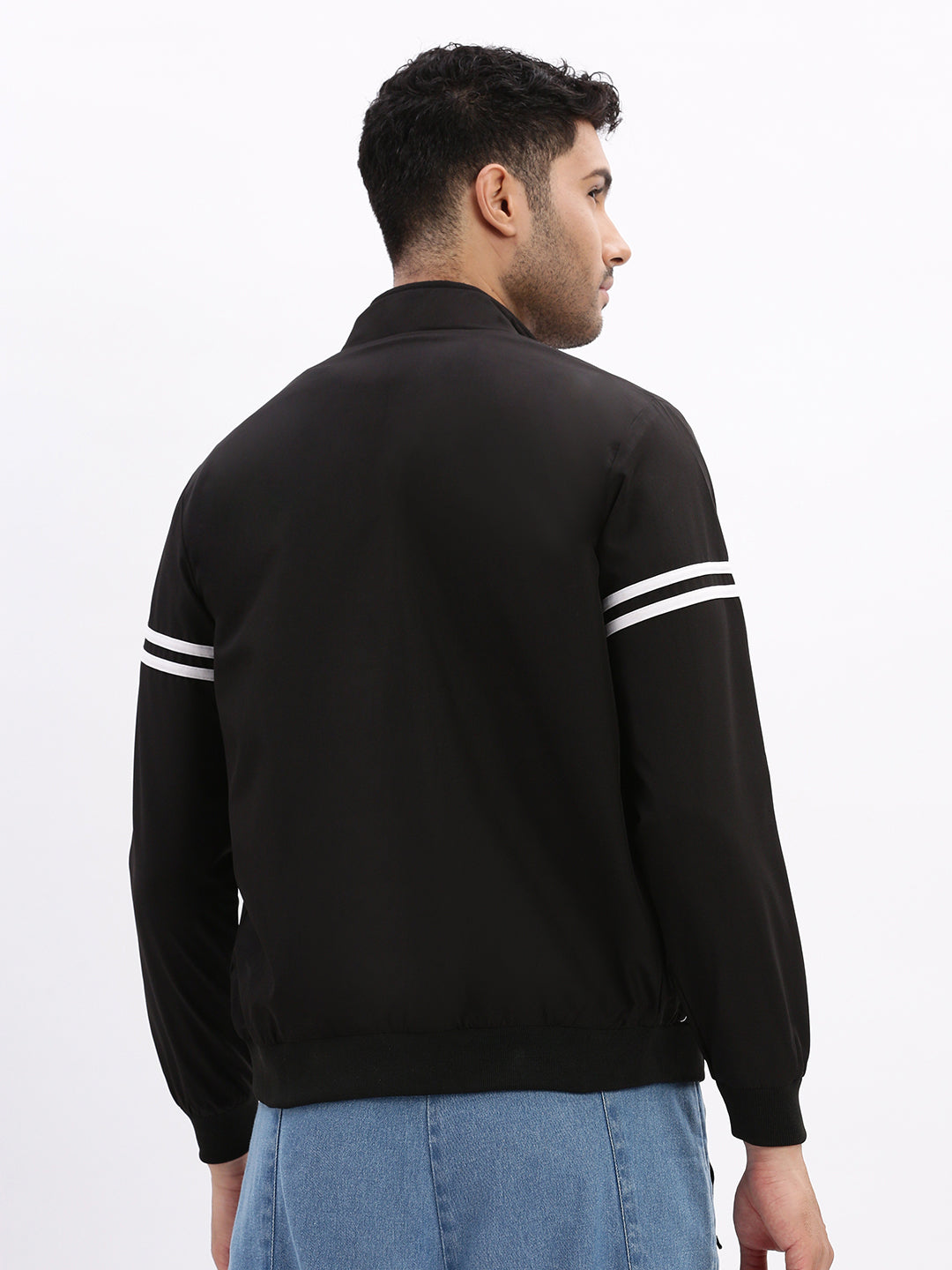 Men Mock Collar Black Solid Bomber Jacket