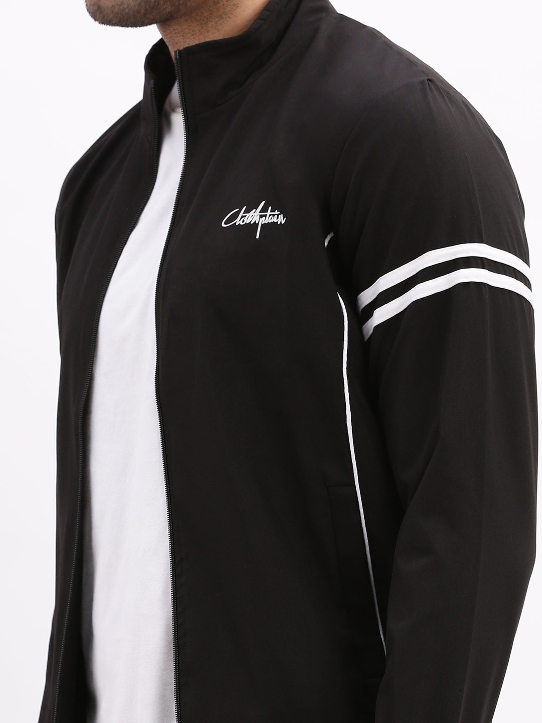 Men Mock Collar Black Solid Bomber Jacket