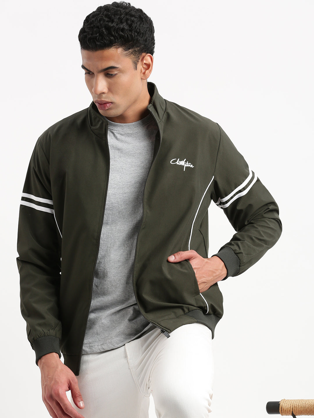 Men Mock Collar Olive Solid Bomber Jacket