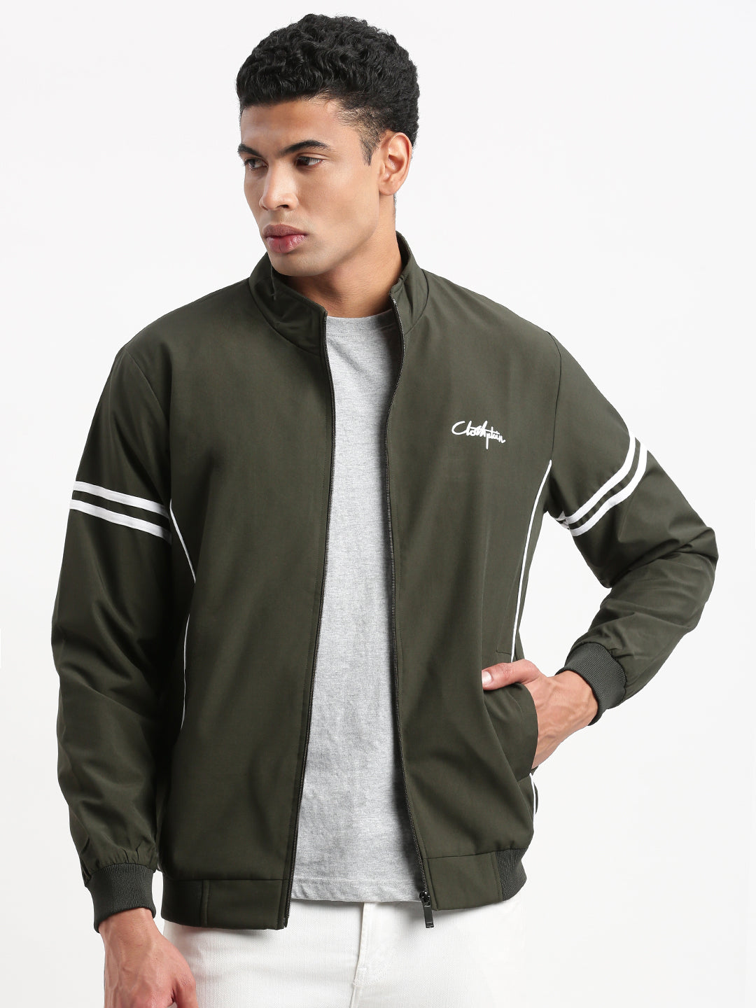 Men Mock Collar Olive Solid Bomber Jacket