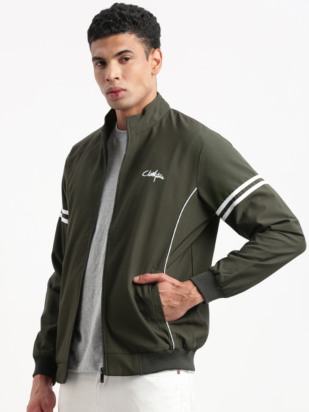 Men Mock Collar Olive Solid Bomber Jacket