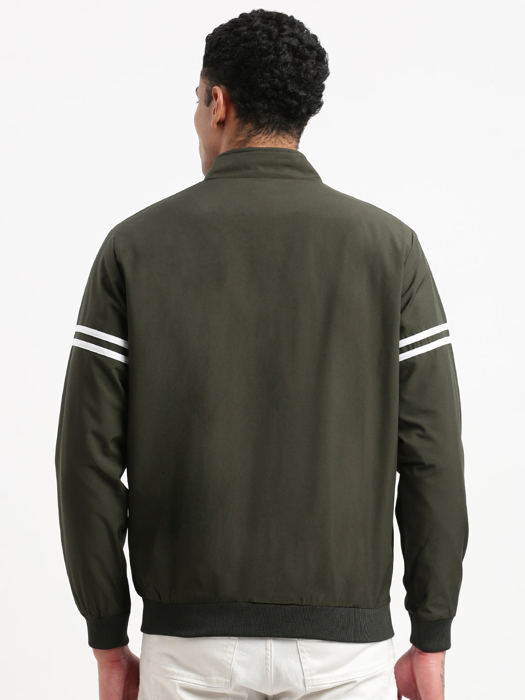 Men Mock Collar Olive Solid Bomber Jacket