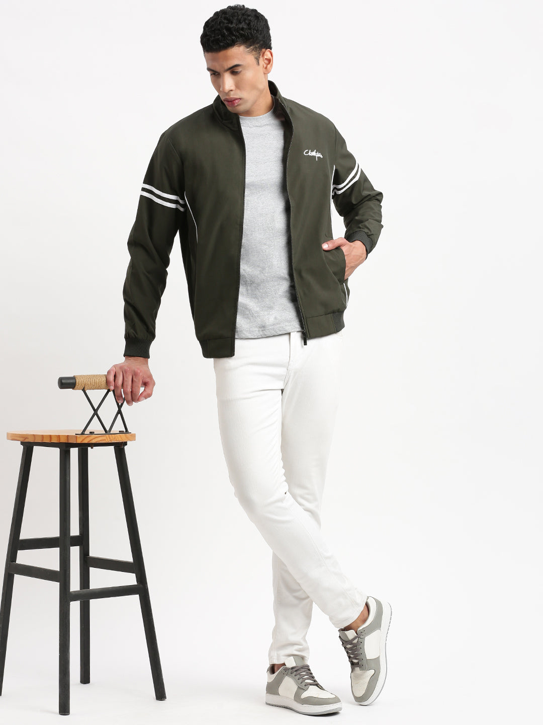 Men Mock Collar Olive Solid Bomber Jacket