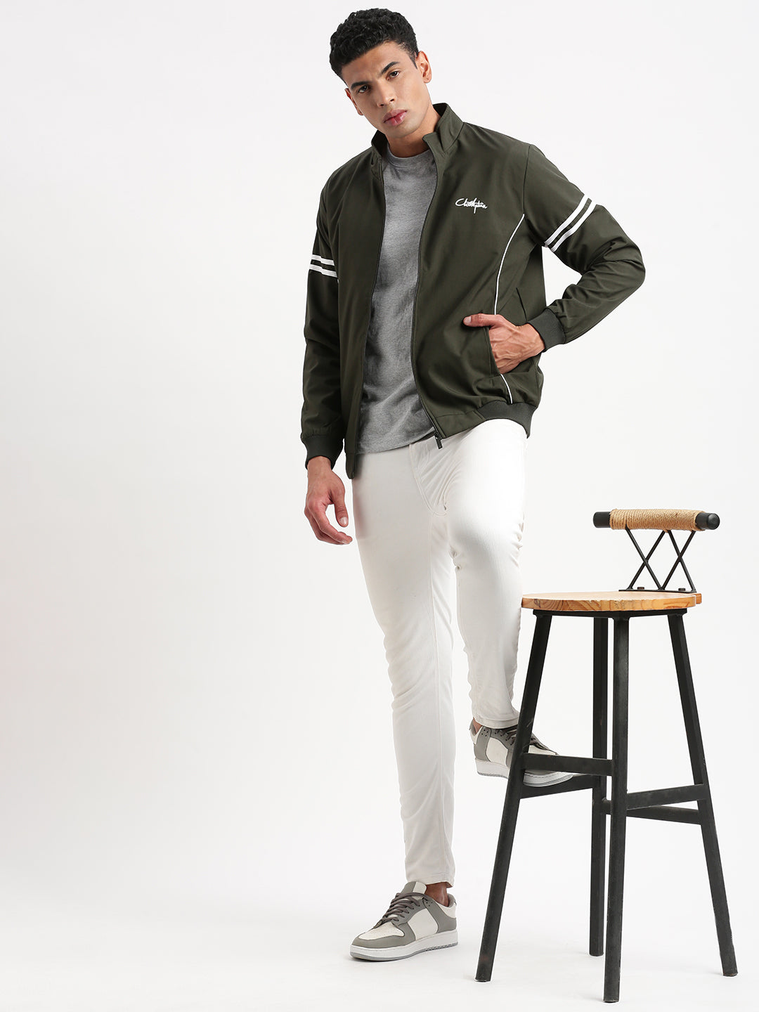 Men Mock Collar Olive Solid Bomber Jacket