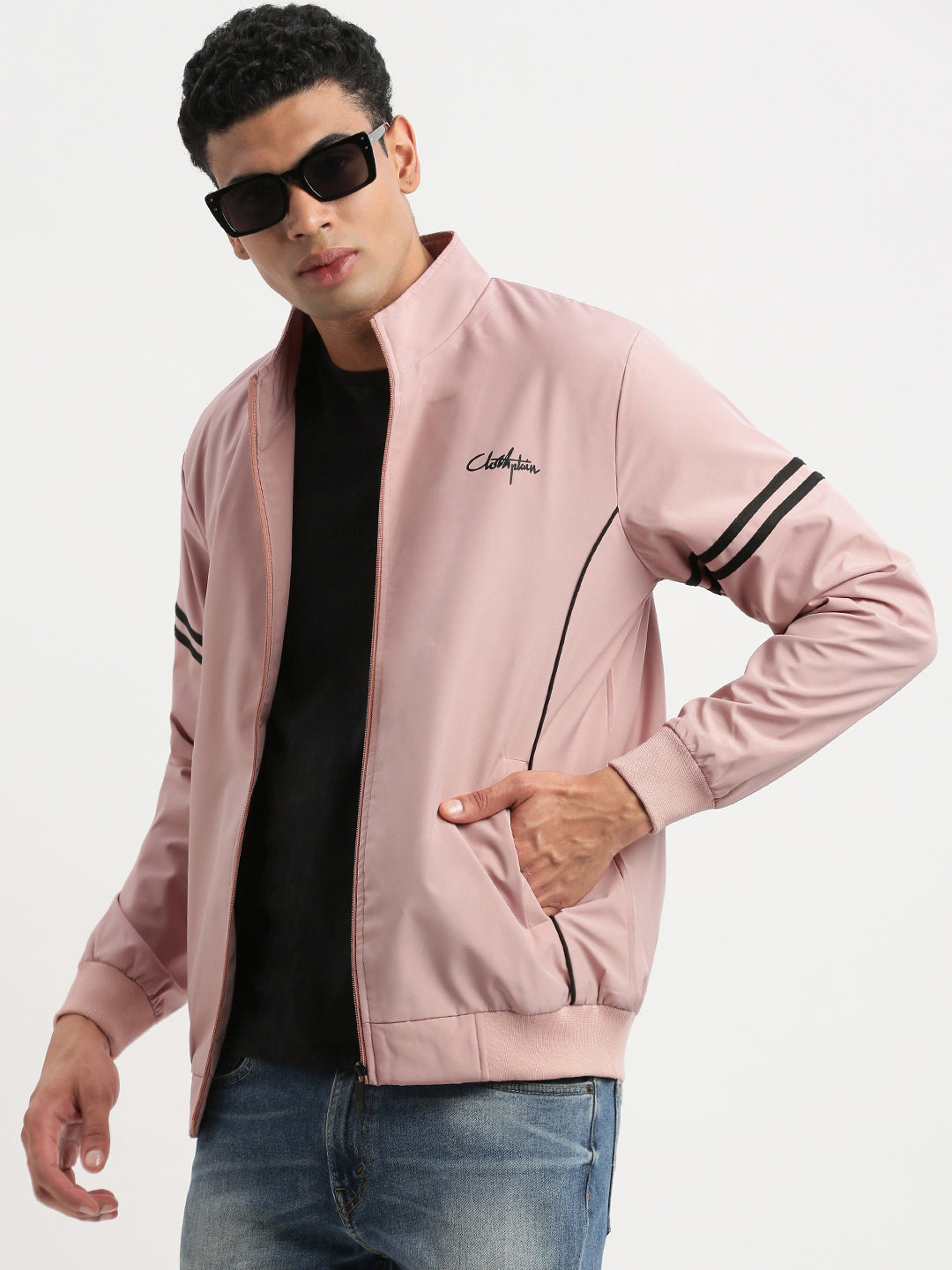 Men Mock Collar Peach Solid Bomber Jacket