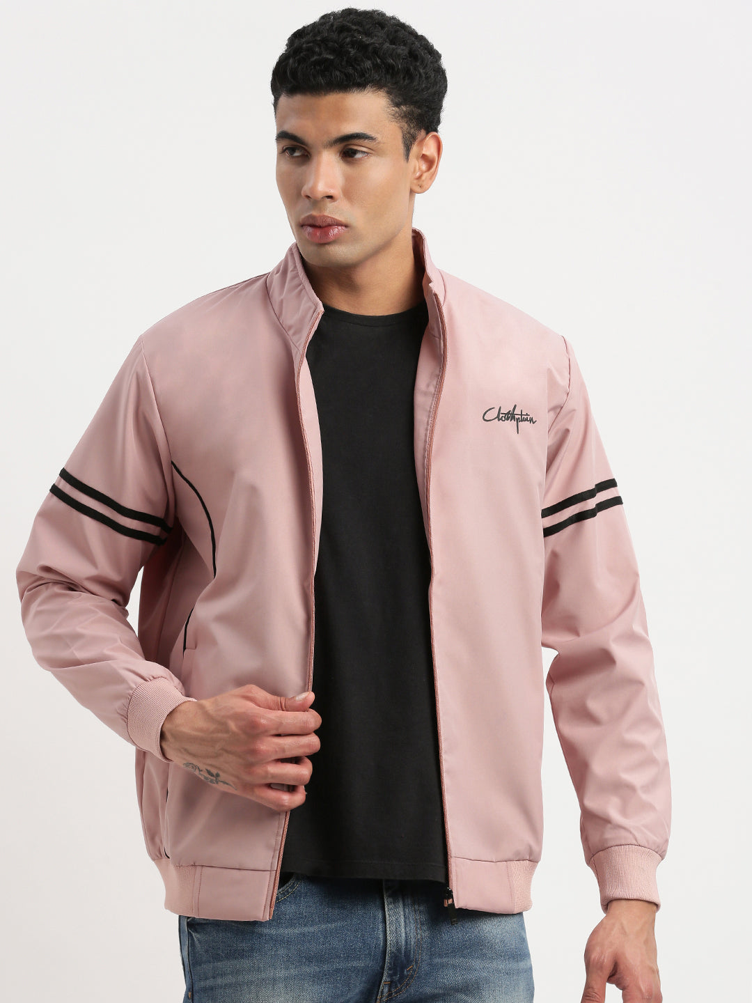 Men Mock Collar Peach Solid Bomber Jacket