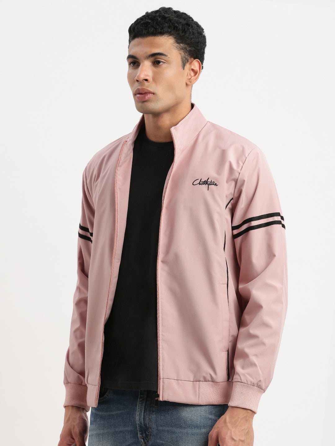 Men Mock Collar Peach Solid Bomber Jacket