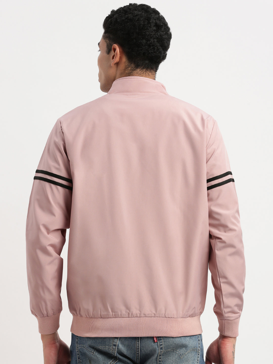 Men Mock Collar Peach Solid Bomber Jacket