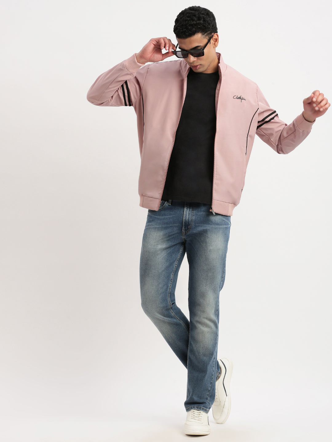 Men Mock Collar Peach Solid Bomber Jacket