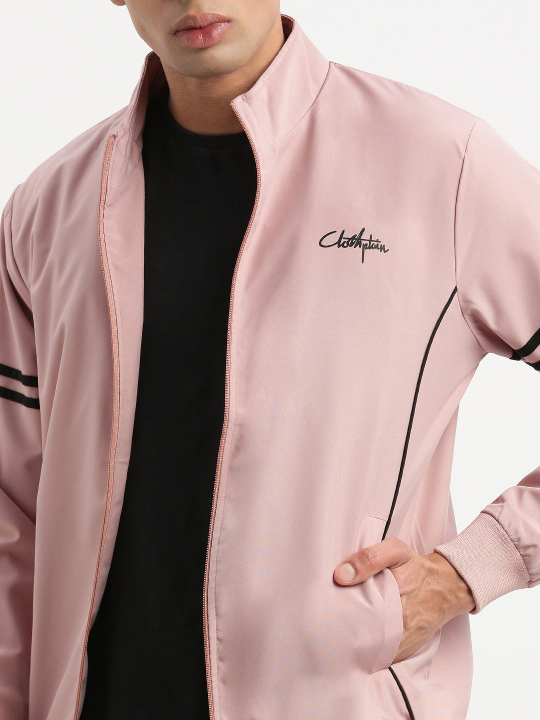 Men Mock Collar Peach Solid Bomber Jacket