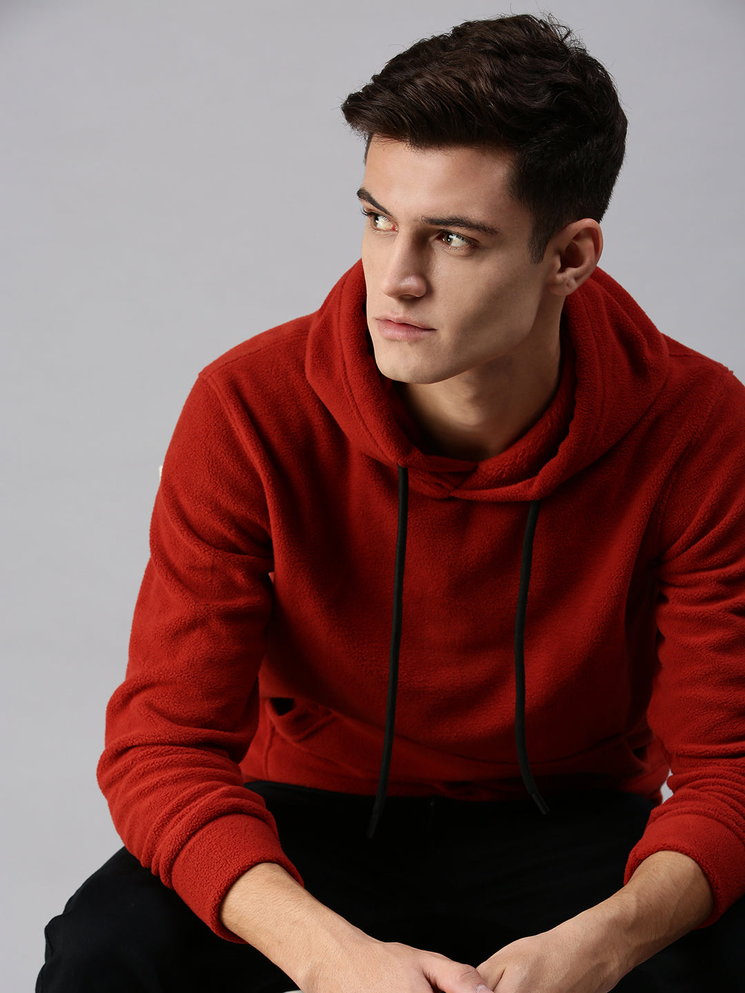 Men Hooded Solid Red Sweatshirt