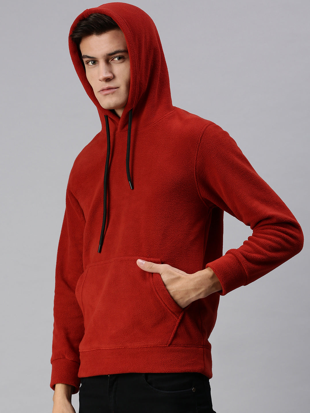 Men Hooded Solid Red Sweatshirt