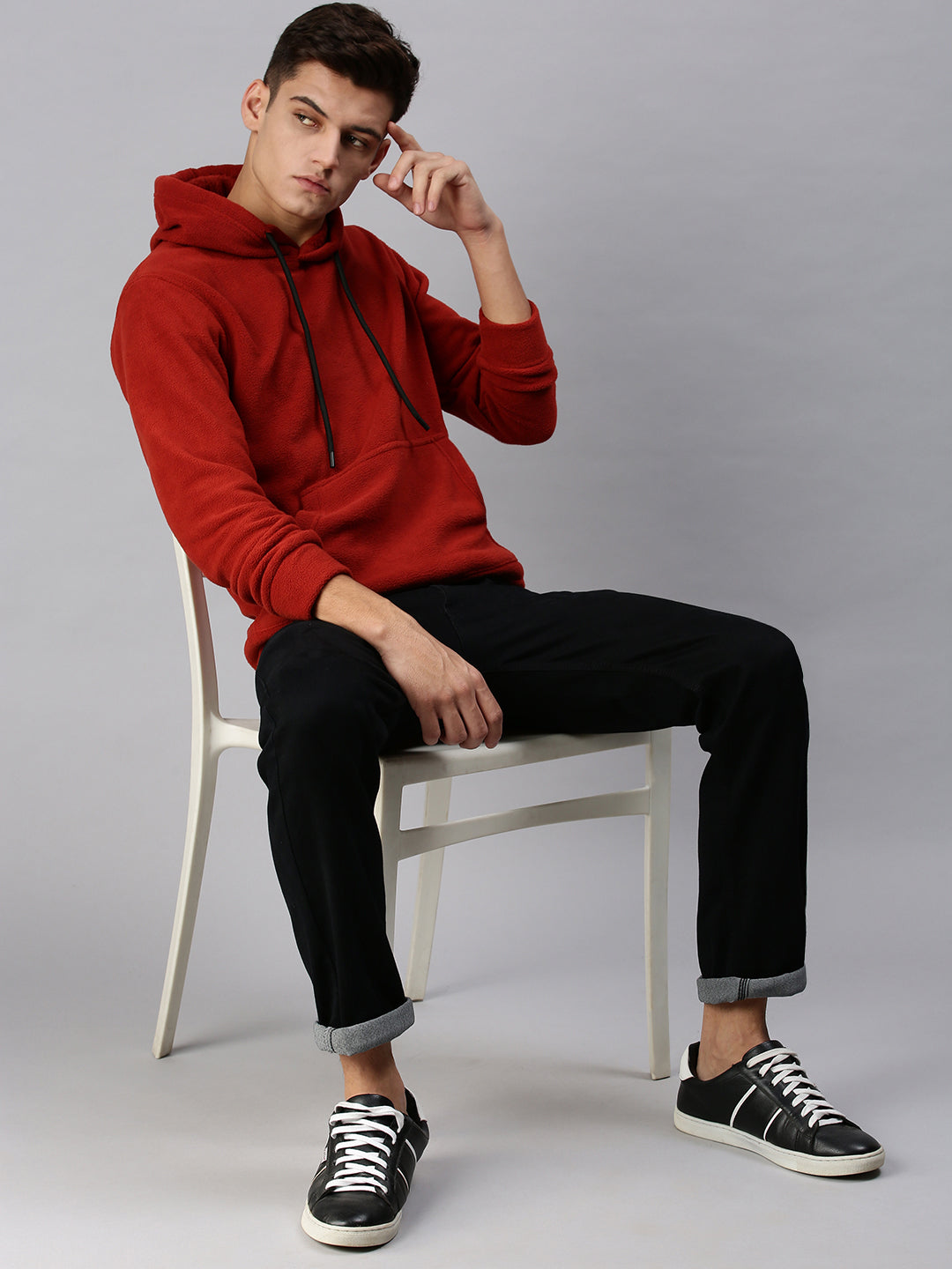 Men Hooded Solid Red Sweatshirt