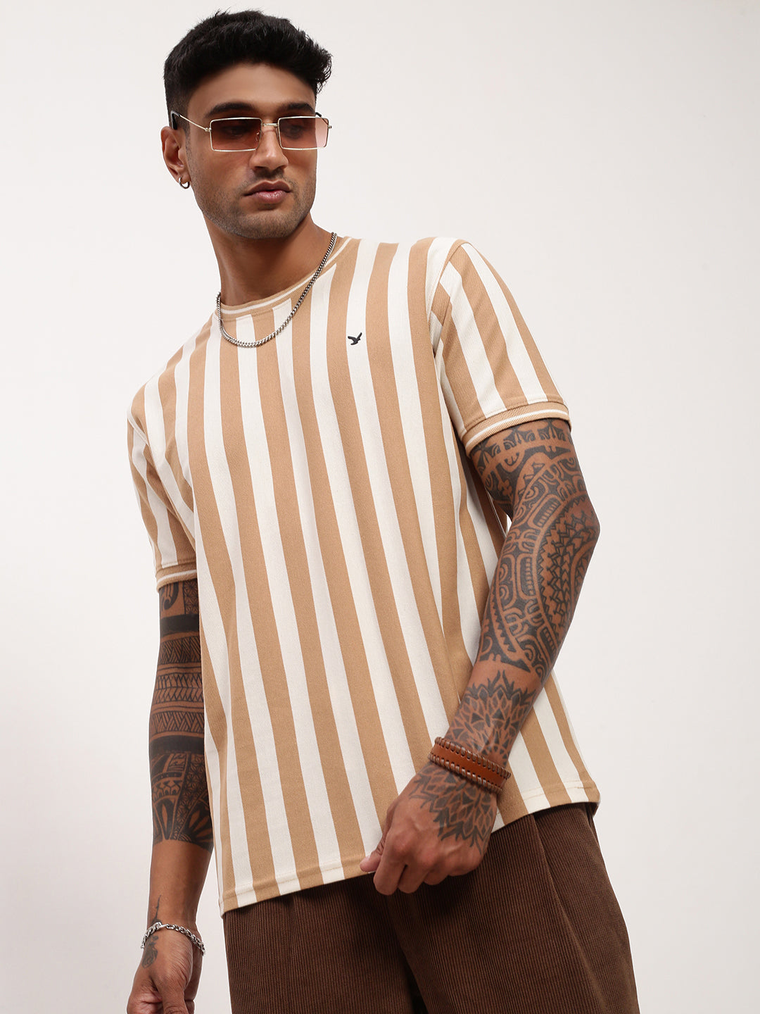 Men Beige Striped T Shirt