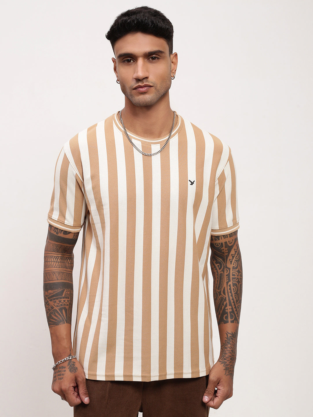 Men Beige Striped T Shirt