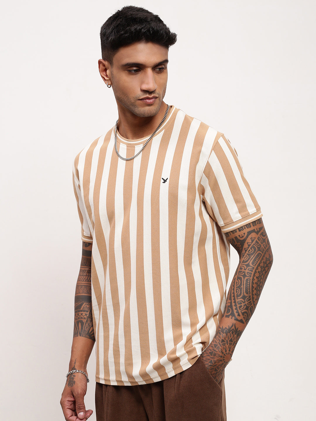 Men Beige Striped T Shirt