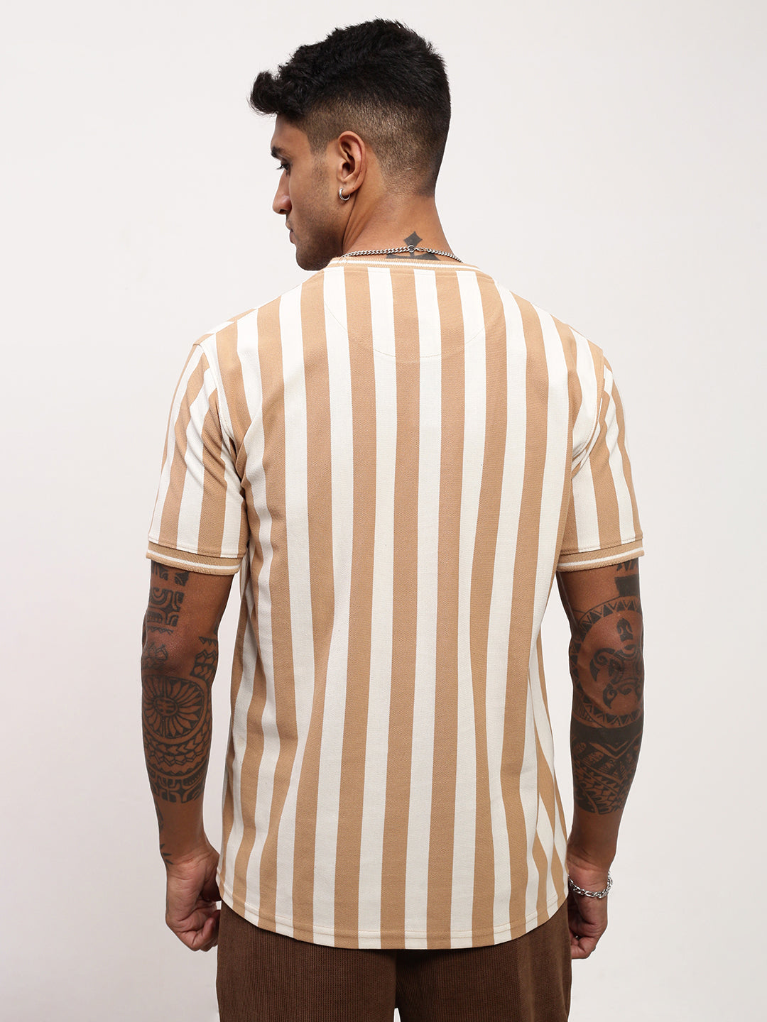 Men Beige Striped T Shirt