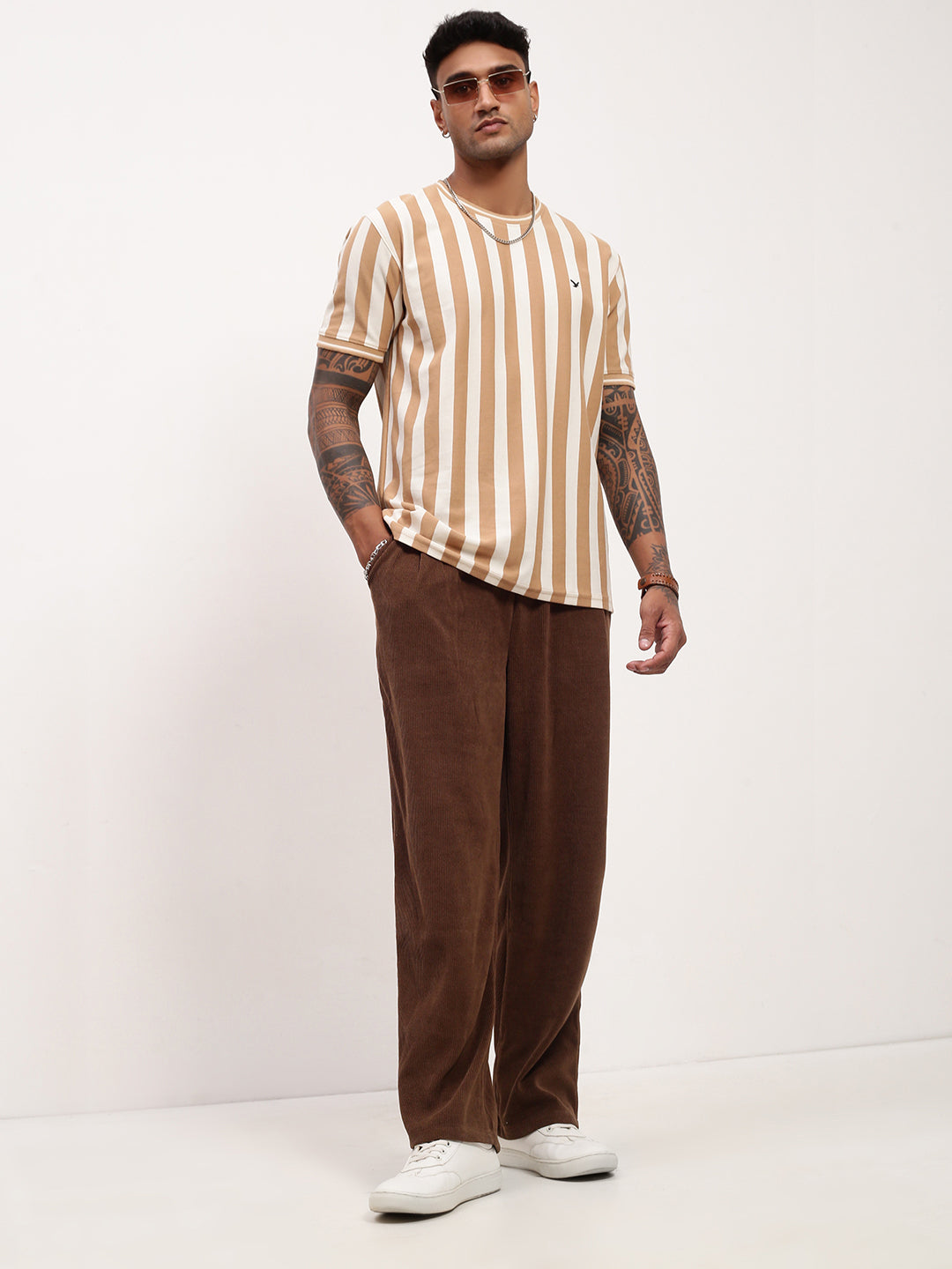 Men Beige Striped T Shirt