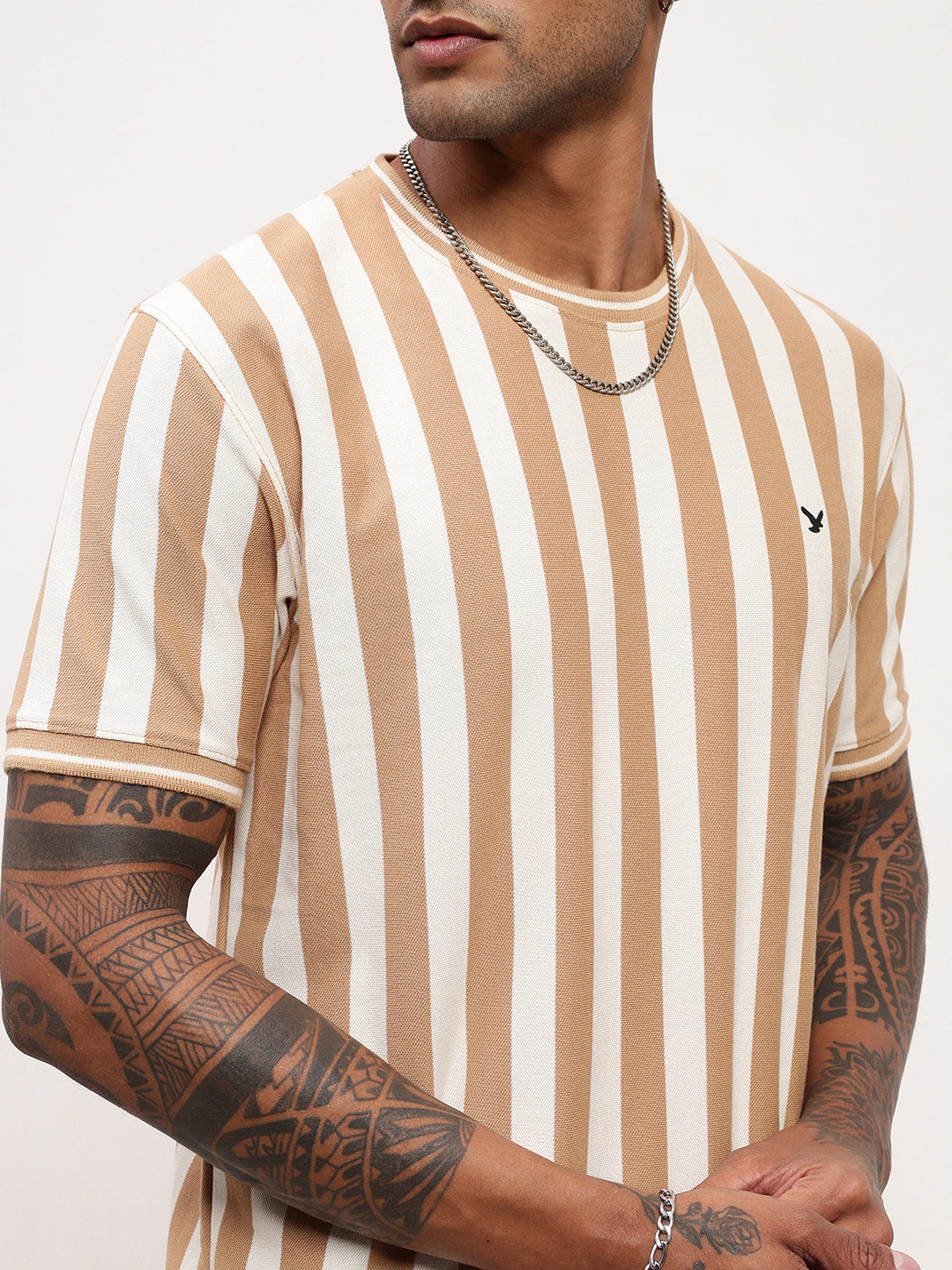 Men Beige Striped T Shirt