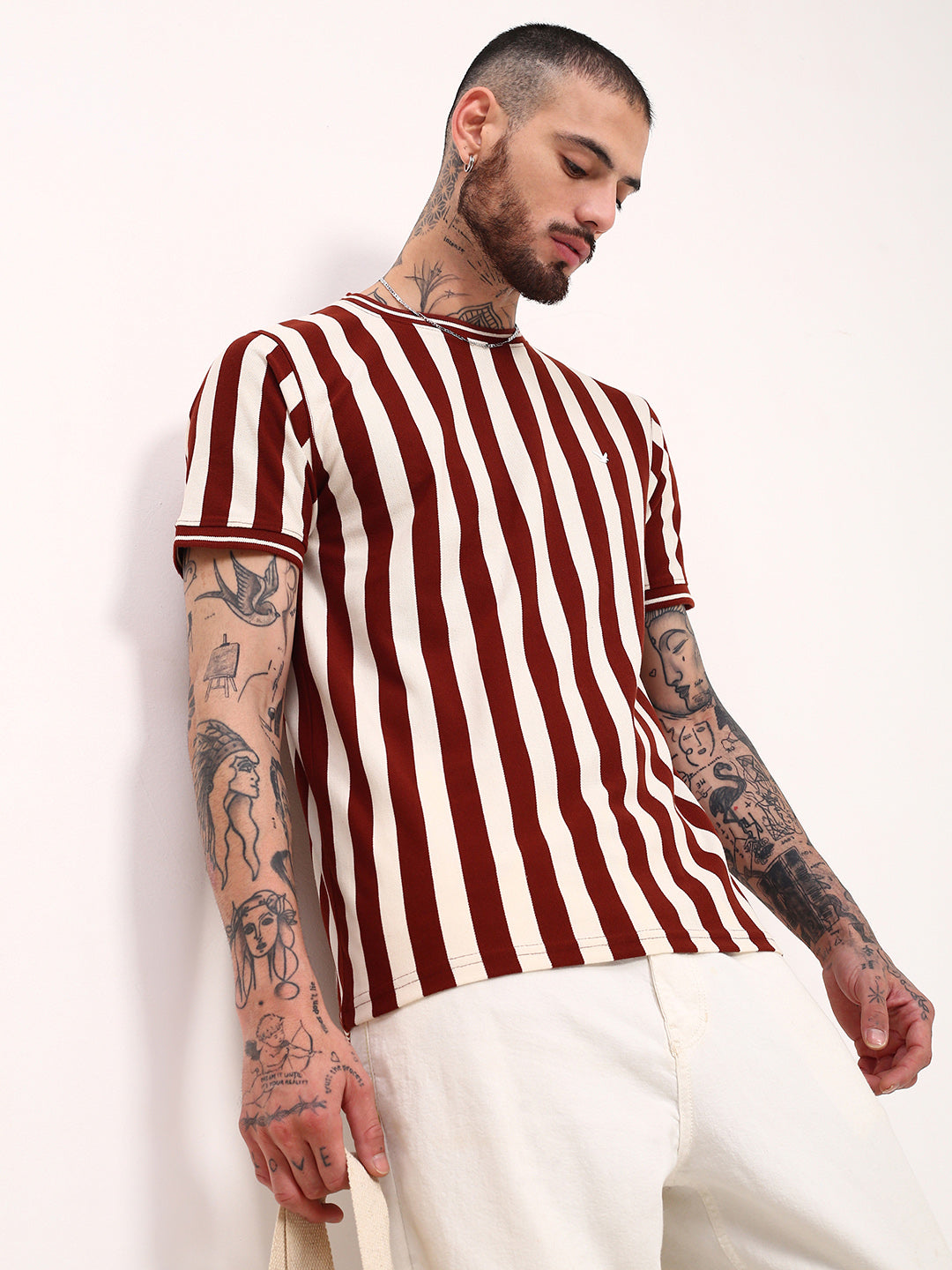 Men Brown Striped T Shirt