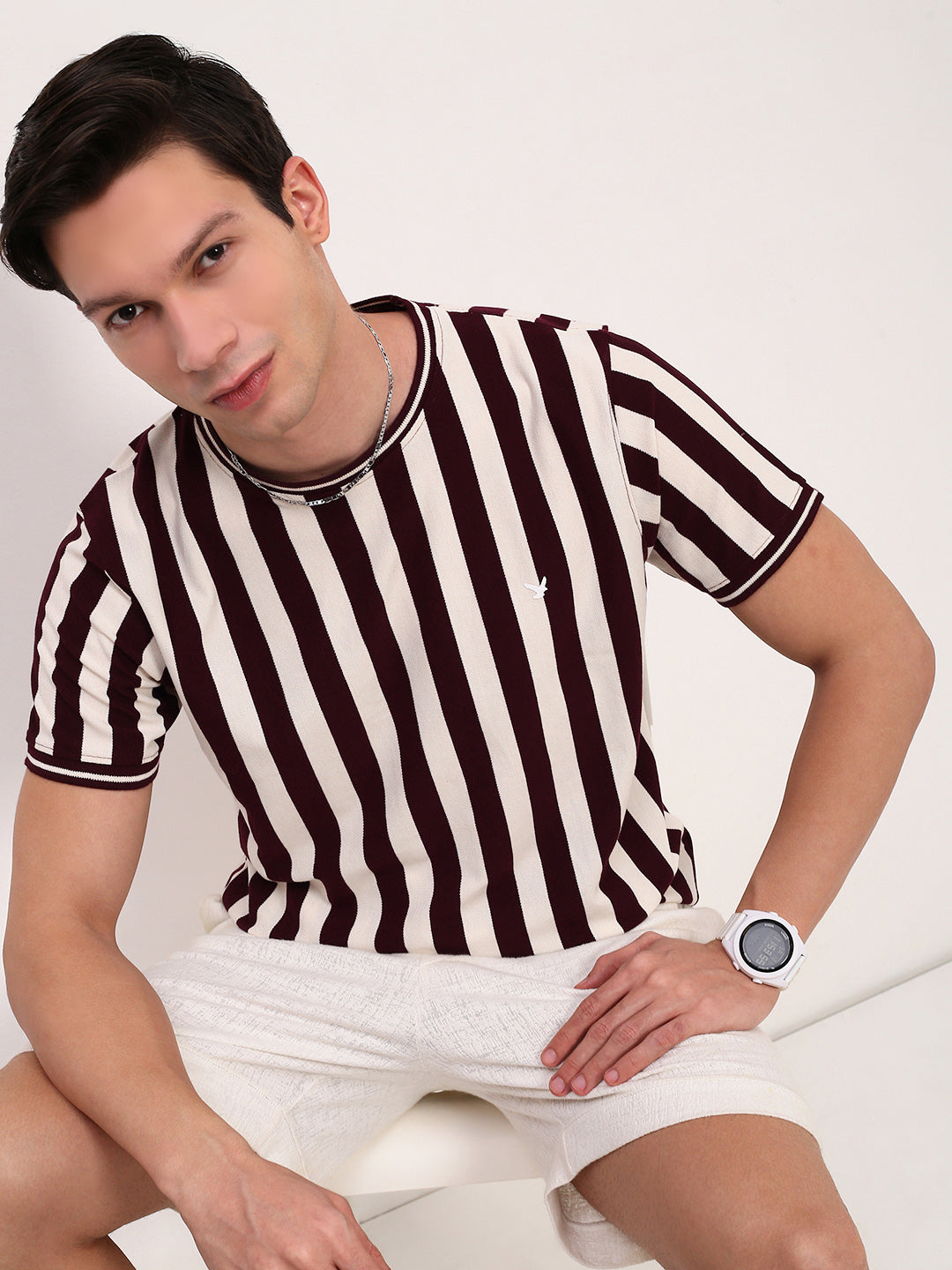 Men Burgundy Striped T Shirt