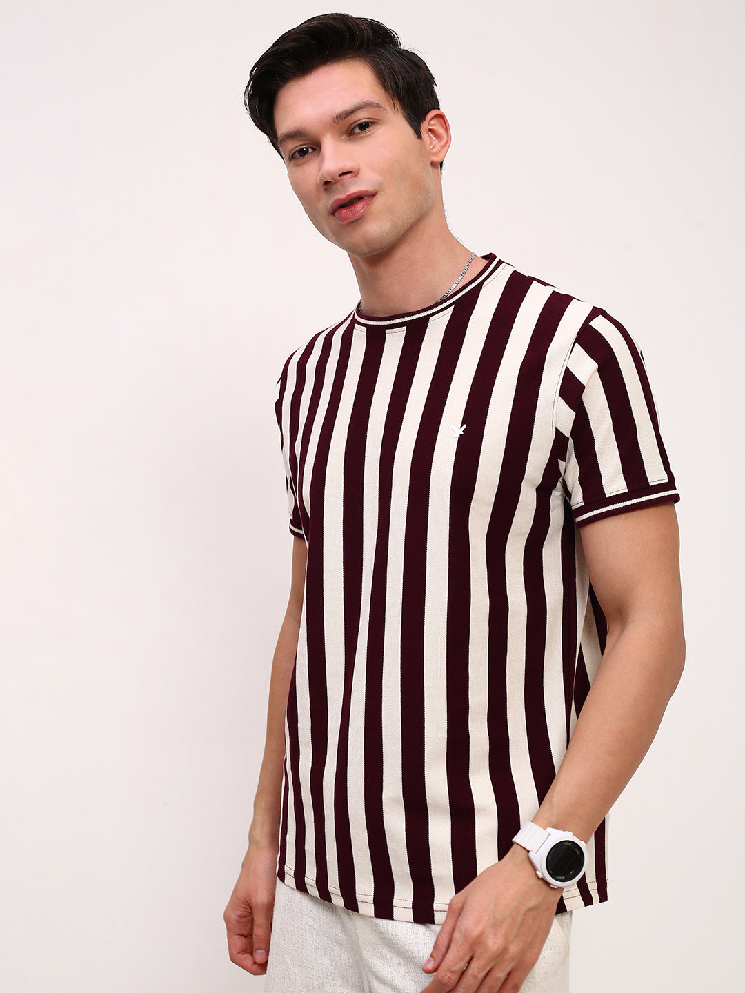 Men Burgundy Striped T Shirt