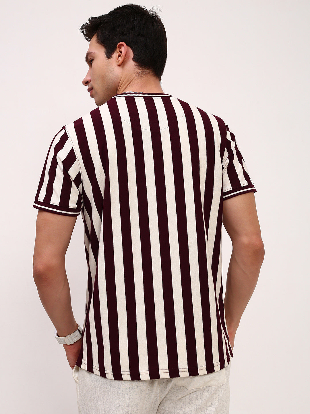 Men Burgundy Striped T Shirt