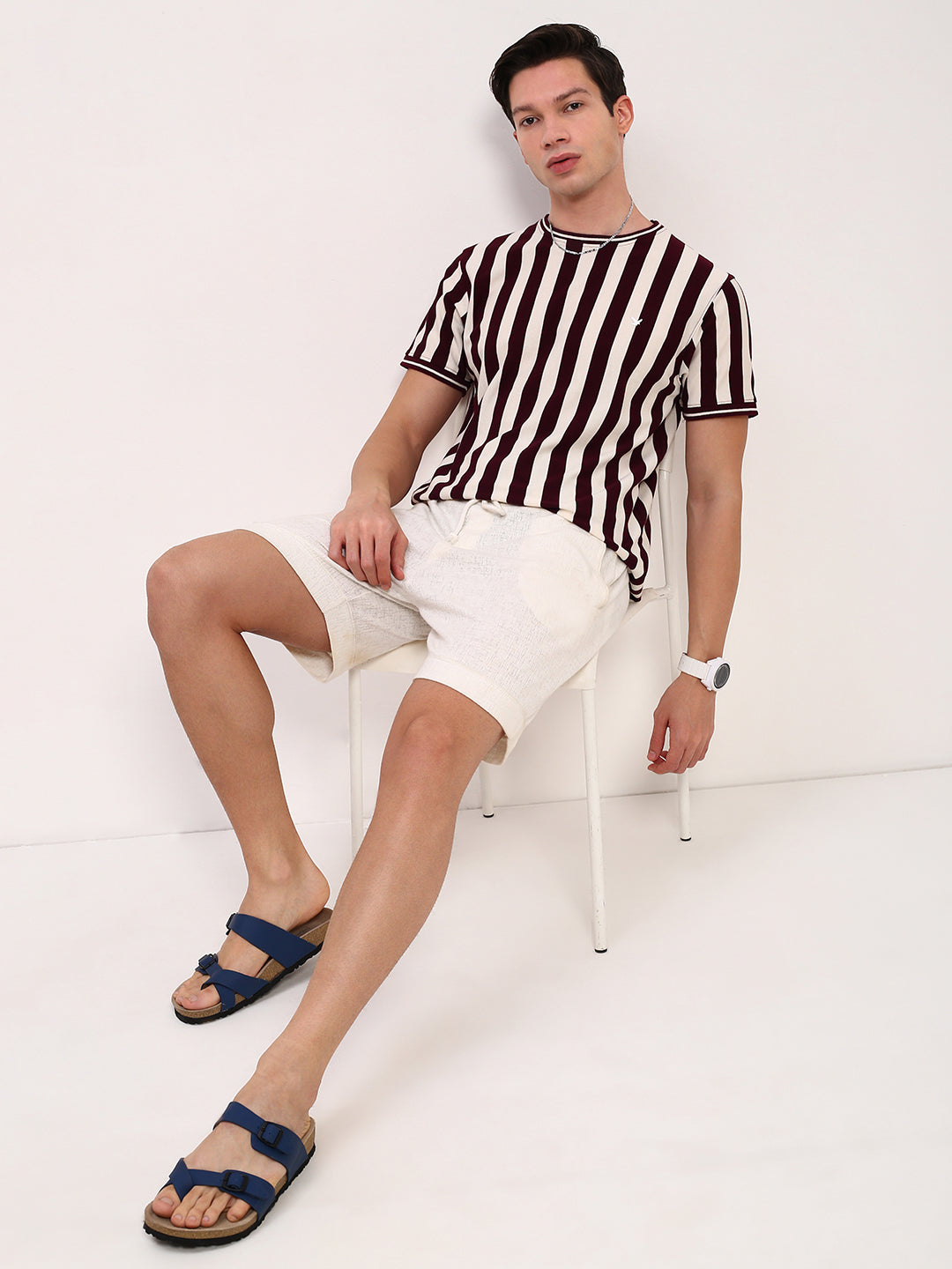 Men Burgundy Striped T Shirt