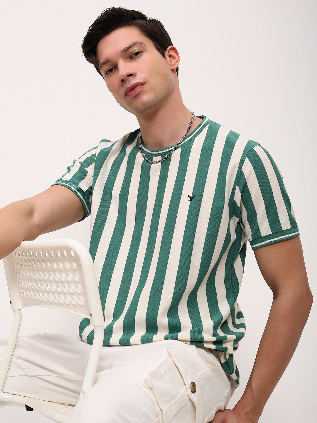 Men Green Striped T Shirt