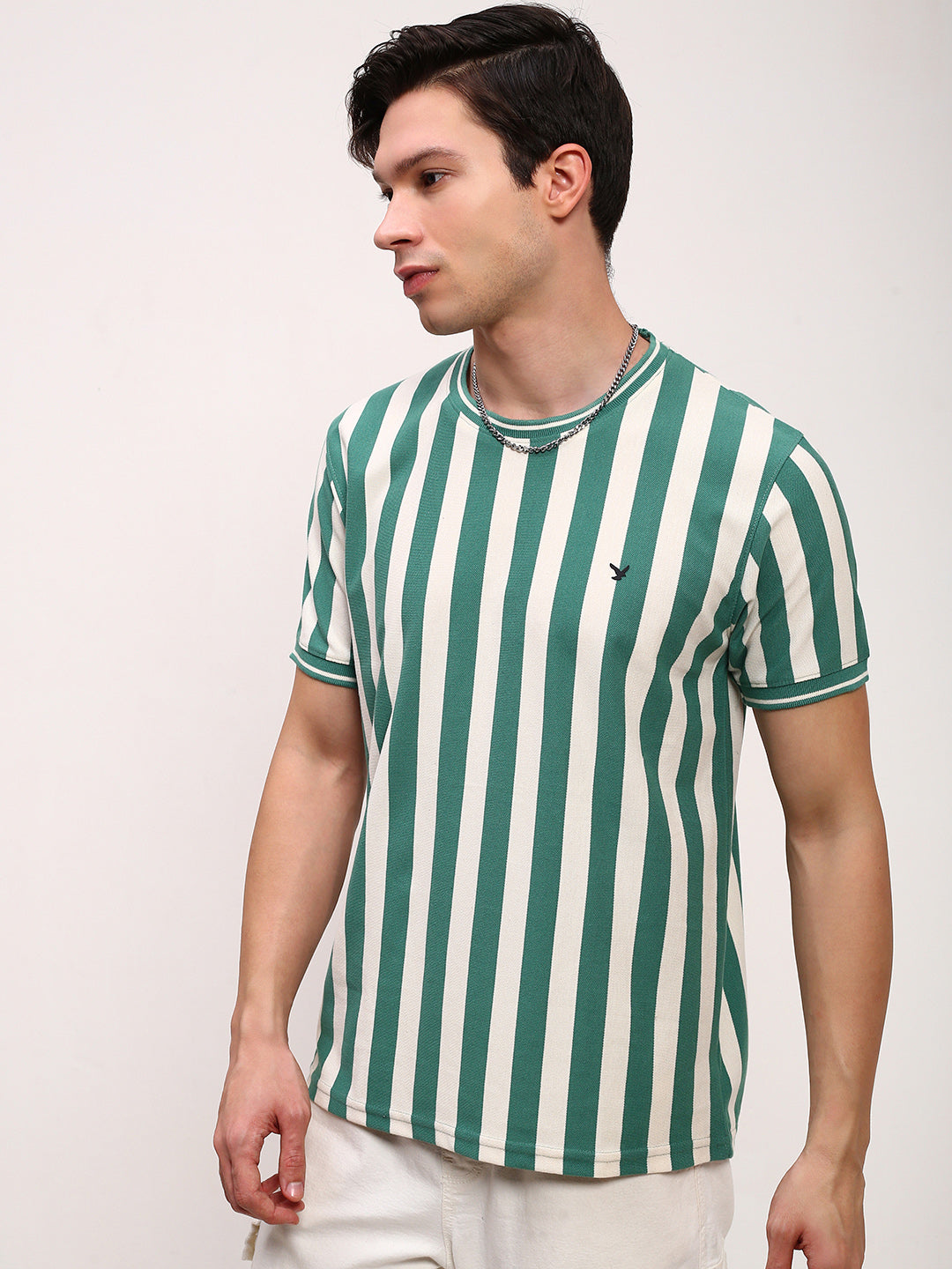 Men Green Striped T Shirt