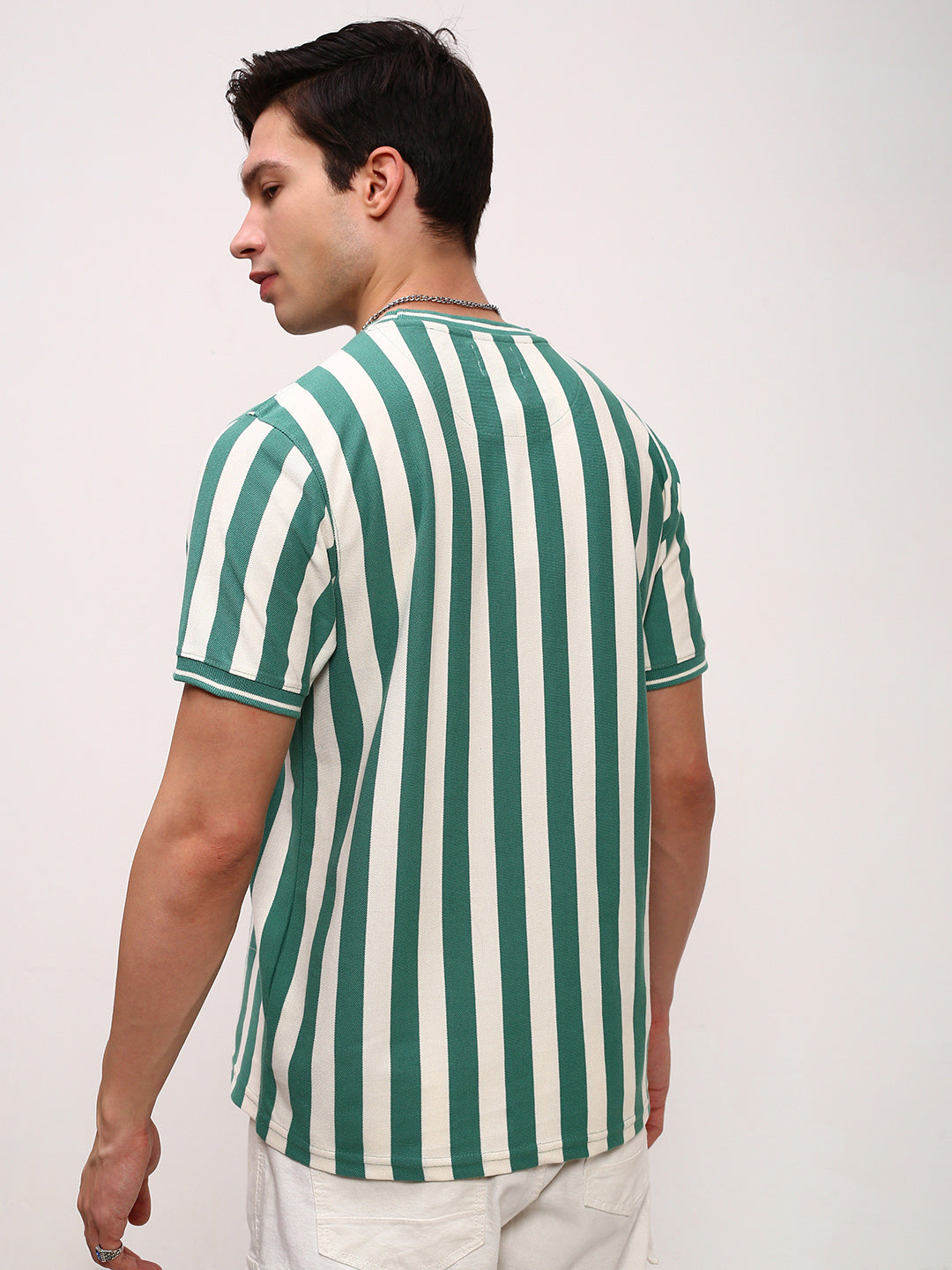 Men Green Striped T Shirt