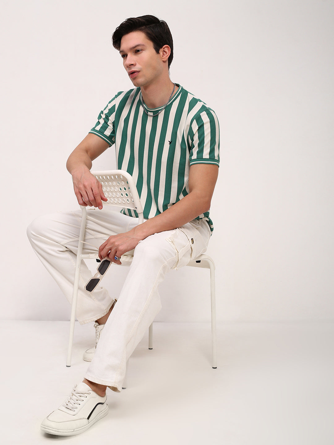 Men Green Striped T Shirt