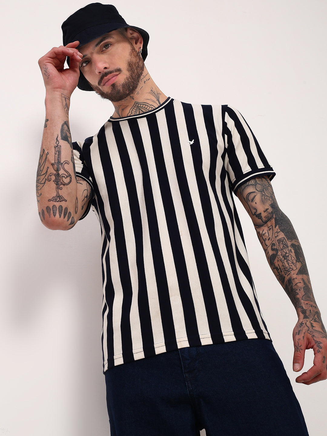 Men Navy Blue Striped T Shirt